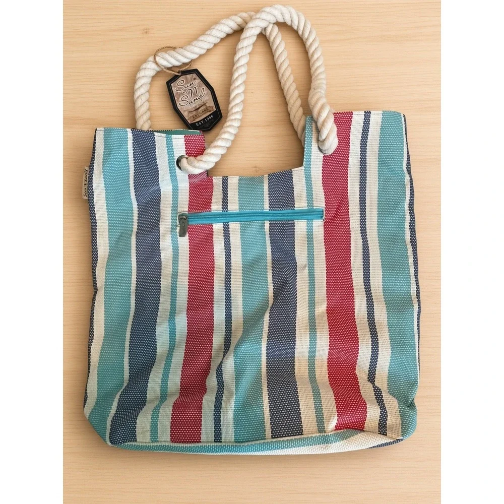 Sun N Sand Striped Canvas Beach Tote Bag Rope Handles NWT Nautical